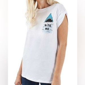 Tee & Cake for Topshop Bite Me Shark Pocket White Cuffed Tee 4